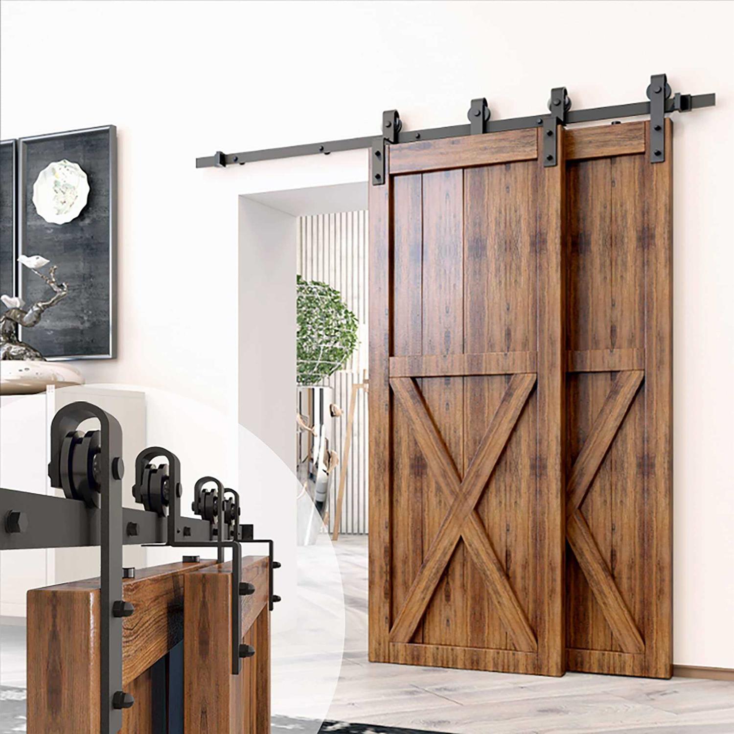HOMACER Black Rustic Double Track Bypass U-Shape Sliding Barn Door Hardware Kit - Zenithce