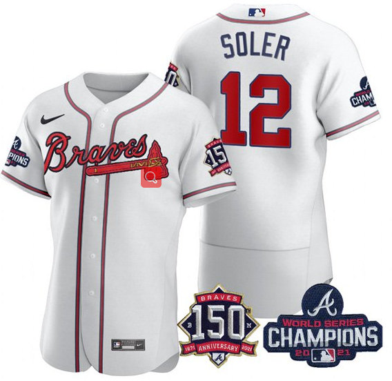 Atlanta Braves #12 Jorge Soler 2021 White World Series Champions With 150th Anniversary Flex Base Stitched Jersey - Zenithce