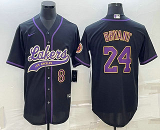 Los Angeles Lakers #8 #24 Kobe Bryant Number Black With Patch Cool Base Stitched Baseball Jersey - Zenithce