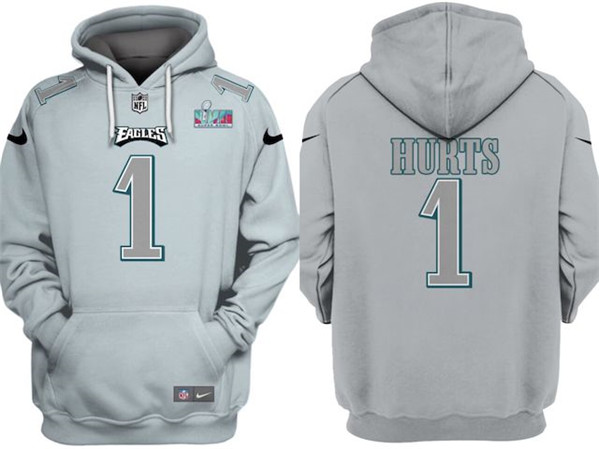 Philadelphia Eagles #1 Jalen Hurts Gray Atmosphere Fashion Super Bowl LVII Patch Pullover Hoodie - Zenithce