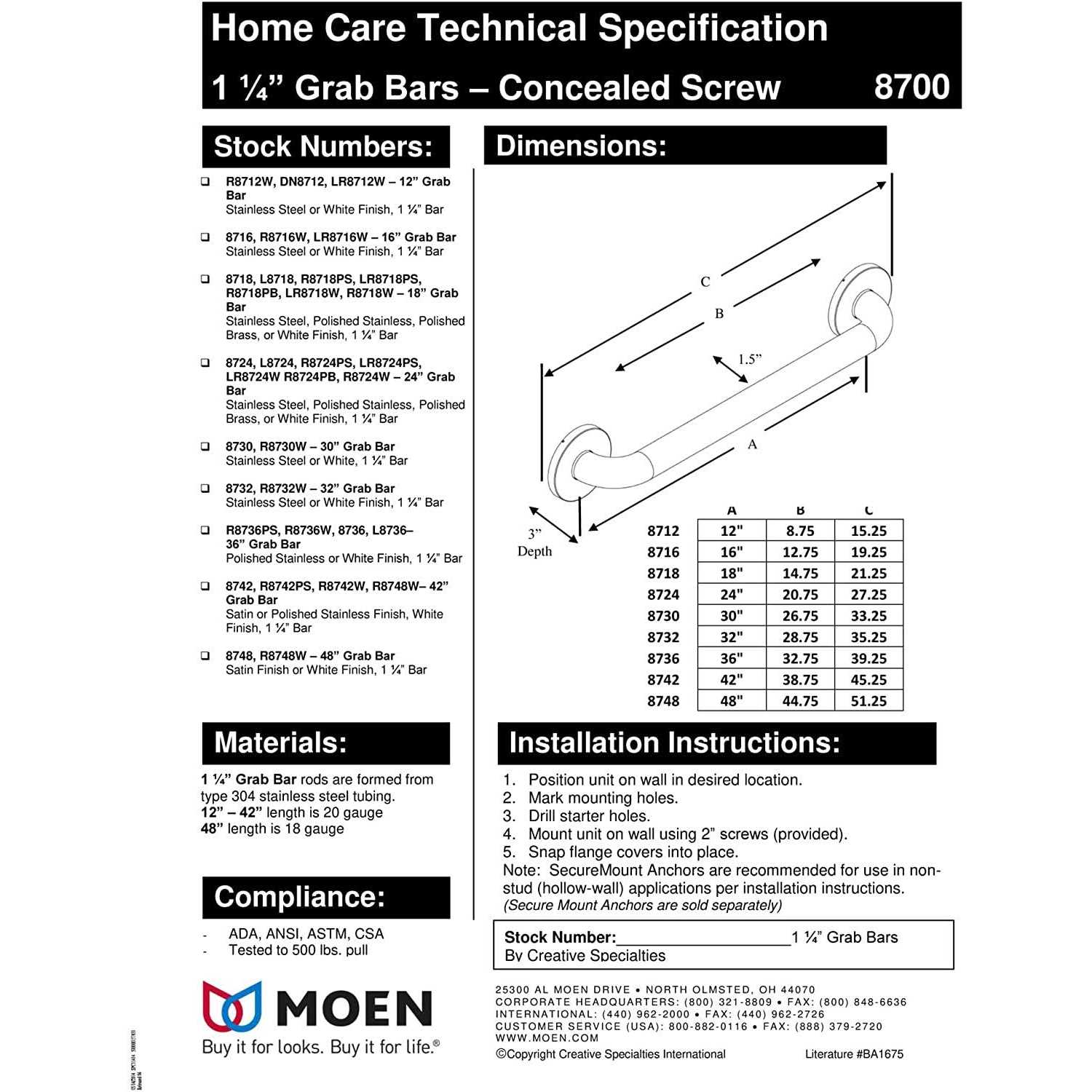 Moen Glacier 24 Concealed Screw Grab Bar - Zenithce