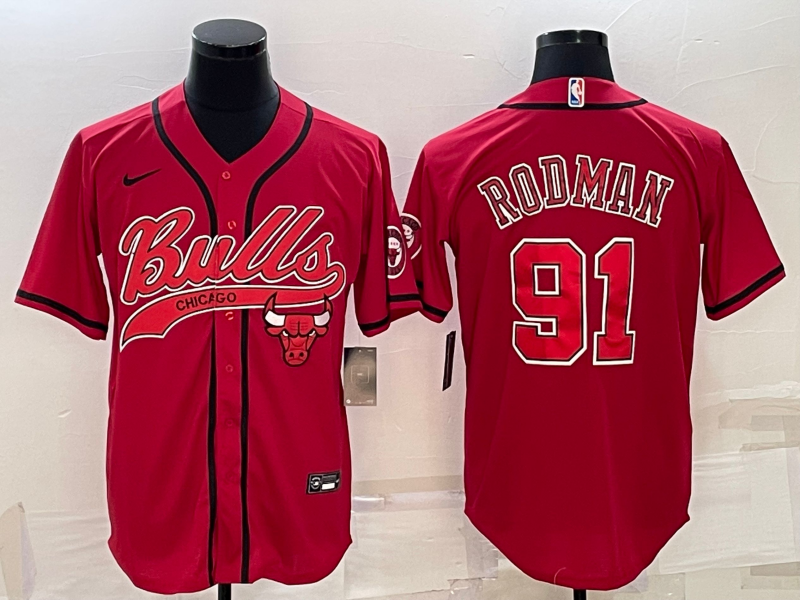 Chicago Bulls #91 Dennis Rodman Red With Patch Cool Base Stitched Baseball Jersey - Zenithce