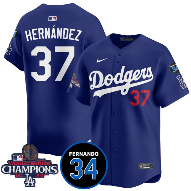 Los Angeles Dodgers #37 Teoscar Hernandez Royal 2024 World Series Champions With Fernando Memorial Patch Vapor Premier Limited Stitched Jersey - Zenithce