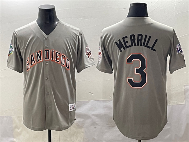 San Diego Padres #3 Jackson Merrill Gray Fashion Throwback With Patch Cool Base Stitched Jersey - Zenithce