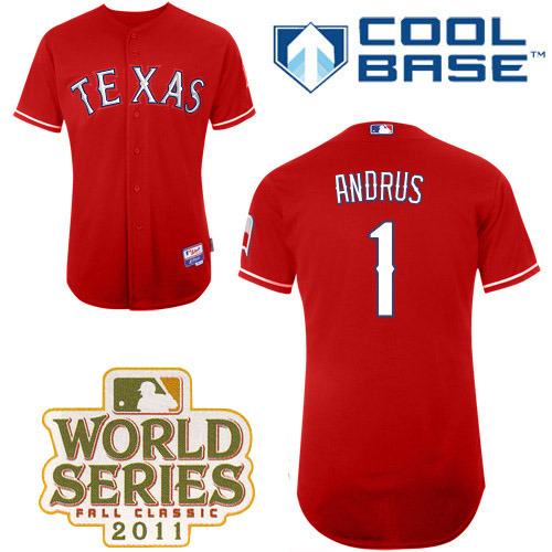 Rangers #1 Elvis Andrus Red Cool Base 2011 World Series Patch Stitched Jersey - Zenithce