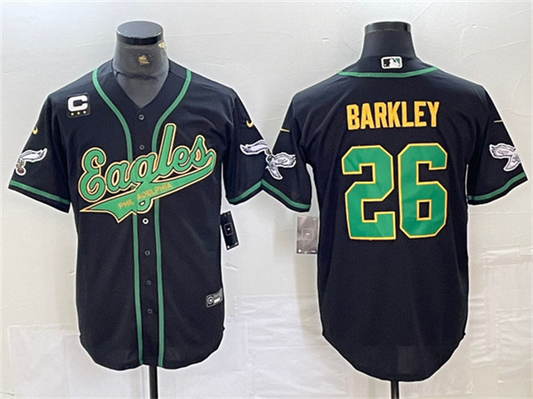 Philadelphia Eagles #26 Saquon Barkley Black Gold With 3-Star C Patch Cool Base Stitched Jersey - Zenithce