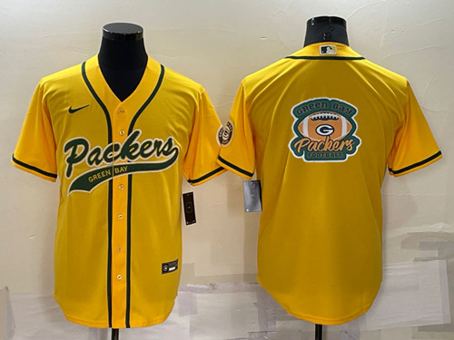 Green Bay Packers Yellow Team Big Logo With Patch Cool Base Stitched Baseball Jersey - Zenithce