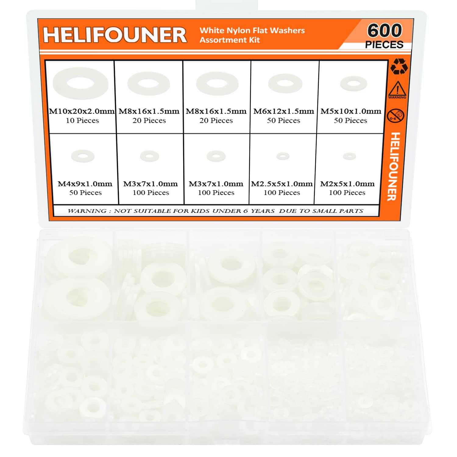 HELIFOUNER 600 Pieces 8 Sizes White Nylon Flat Washers Assortment Kit - Zenithce