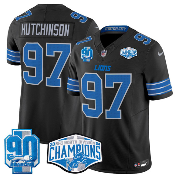 Detroit Lions #97 Aidan Hutchinson Black 2024 NFC North Champions 90th Anniversary Patch F.U.S.E. Vapor Limited Stitched Jersey - Zenithce