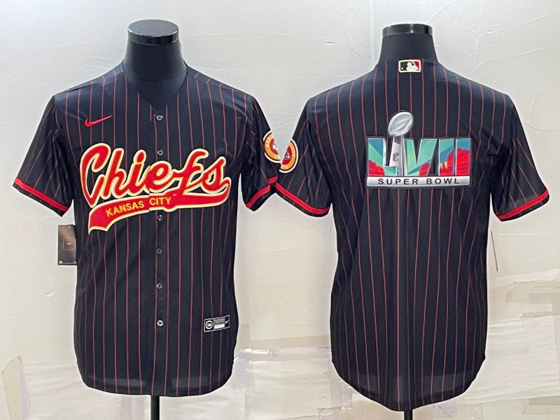 Kansas City Chiefs Black With Super Bowl LVII Big Logo Cool Base Stitched Baseball Jersey - Zenithce