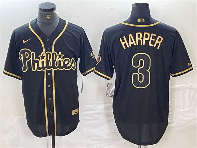 Philadelphia Phillies #3 Bryce Harper Black Gold Cool Base Stitched Jersey - Zenithce