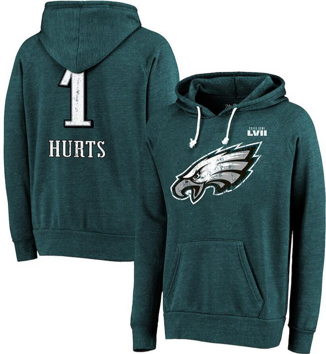 Philadelphia Eagles #1 Jalen Hurts Midnight Green Super Bowl LVII Name Number Pullover Hoodie - Zenithce