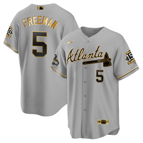 Atlanta Braves #5 Freddie Freeman 2021 Gray Gold World Series Champions With 150th Anniversary Patch Cool Base Stitched Jersey - Zenithce