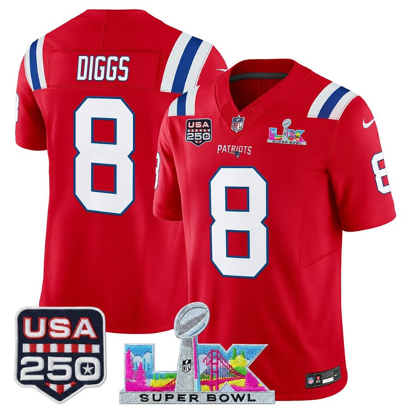 New England Patriots #8 Stefon Diggs Red 2025 F.U.S.E. Super Bowl LX Patch And USA 250' Patch Vapor Limited Stitched Jersey - Zenithce