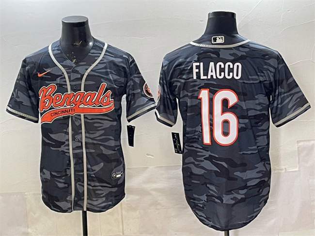Cincinnati Bengals #16 Joe Flacco Grey Camo With Patch Cool Base Stitched Jersey - Zenithce
