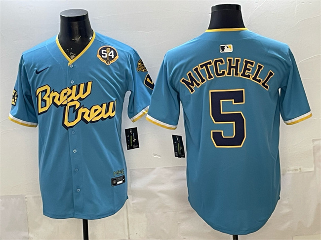 Milwaukee Brewers #5 Garrett Mitchell Powder Blue City Connect With Home Bob Uecker Patch Limited Stitched Jersey - Zenithce