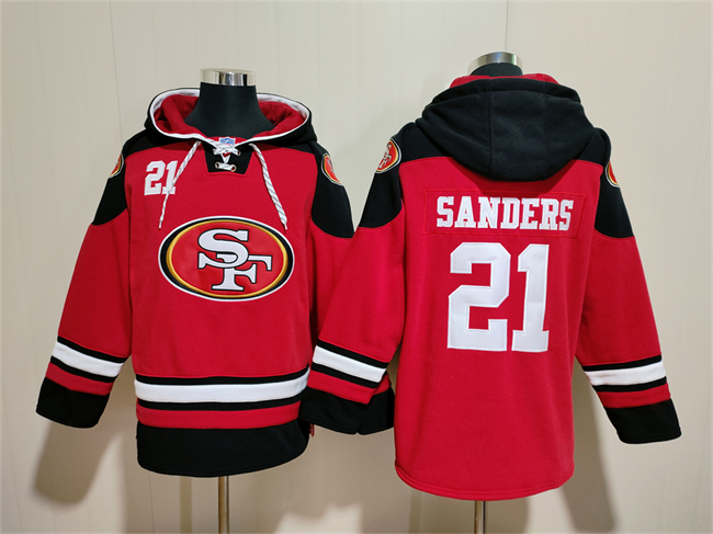 San Francisco 49ers #21 Deion Sanders Red Black Ageless Must-Have Lace-Up Pullover Hoodie - Zenithce