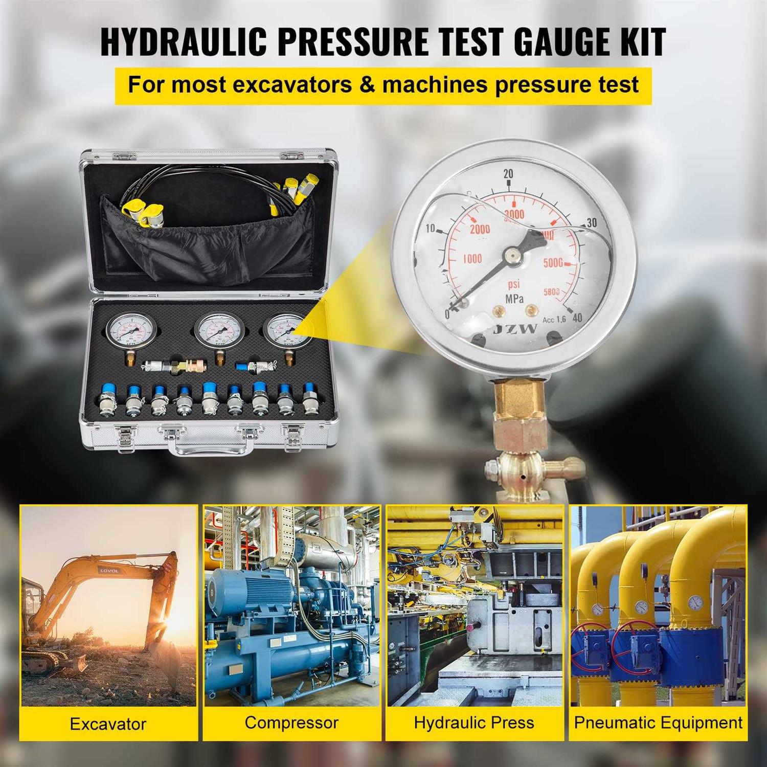 VEVOR Hydraulic Pressure Test Kit 10/100/250/400/600bar 5 Gauges 13 Test Couplings 14 Tee Connectors 5 Test Hoses - Zenithce