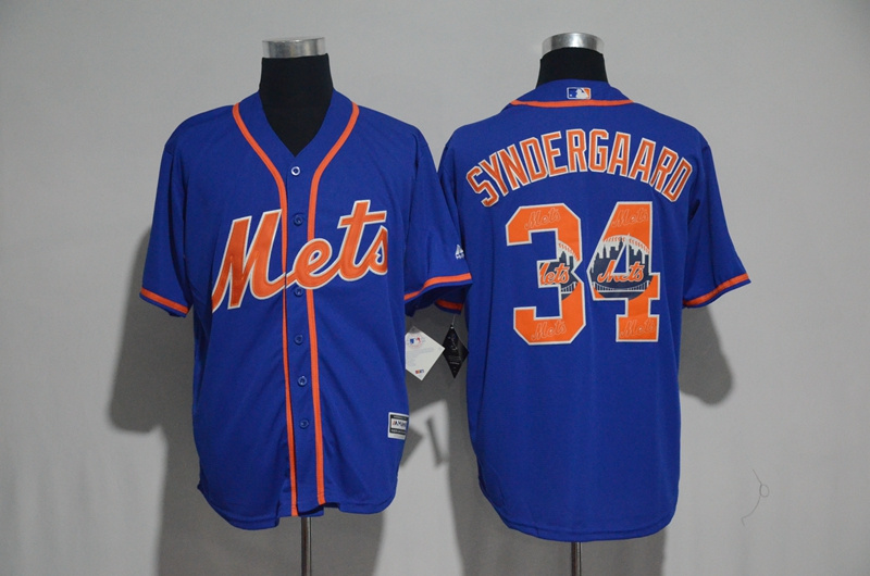 New York Mets #34 Noah Syndergaard Blue Team Logo Print Cool Base Stitched Jersey - Zenithce