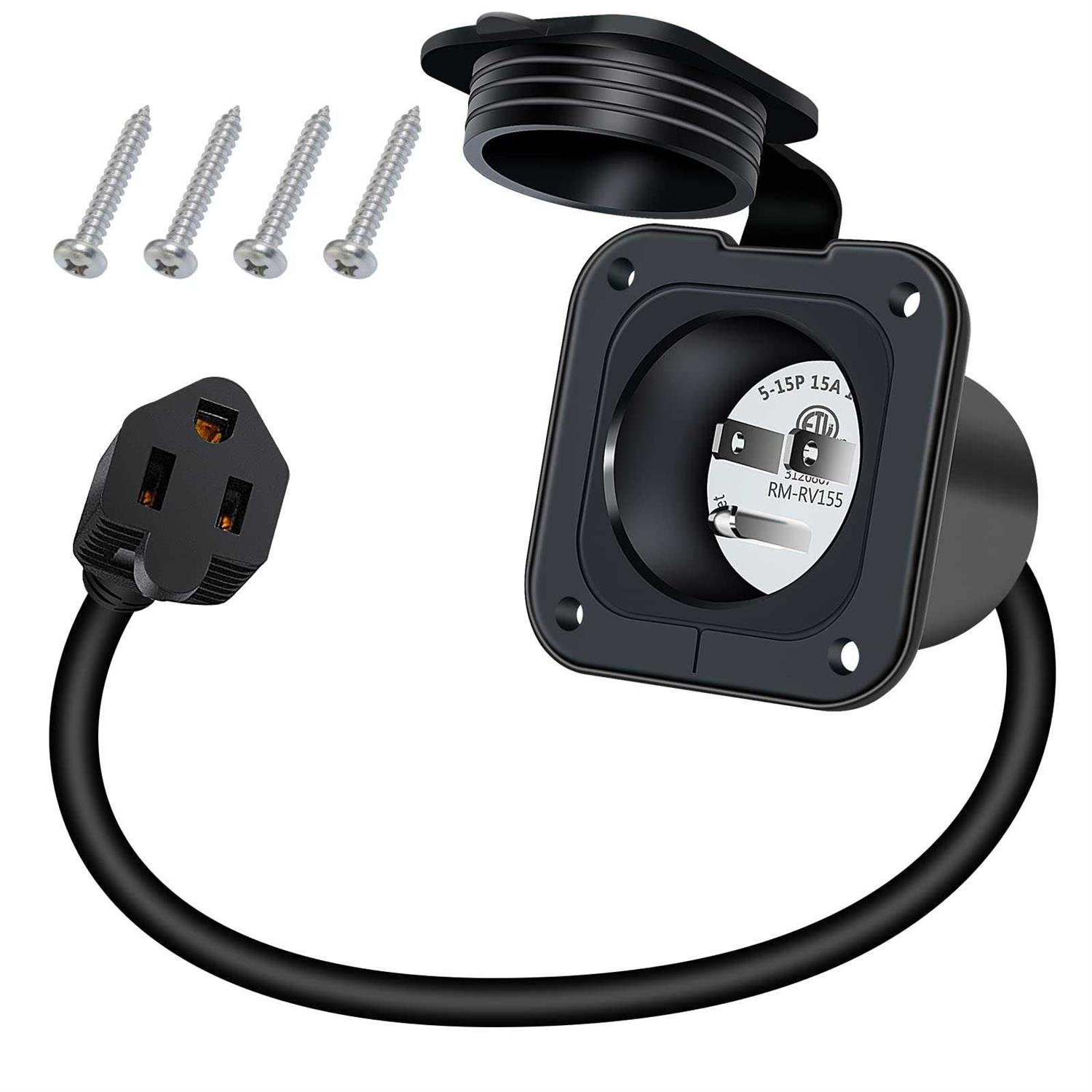 EilxMag 15 Amp RV Shore Power Inlet 125V Flanged Inlet Power Inlet Port Plug NEMA 5-15P RV Outlet with Integrated Dual 18 Cord - Zenithce