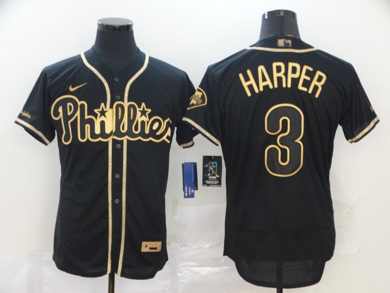 Philadelphia Phillies #3 Bryce Harper Black Golden Stitched Jersey - Zenithce