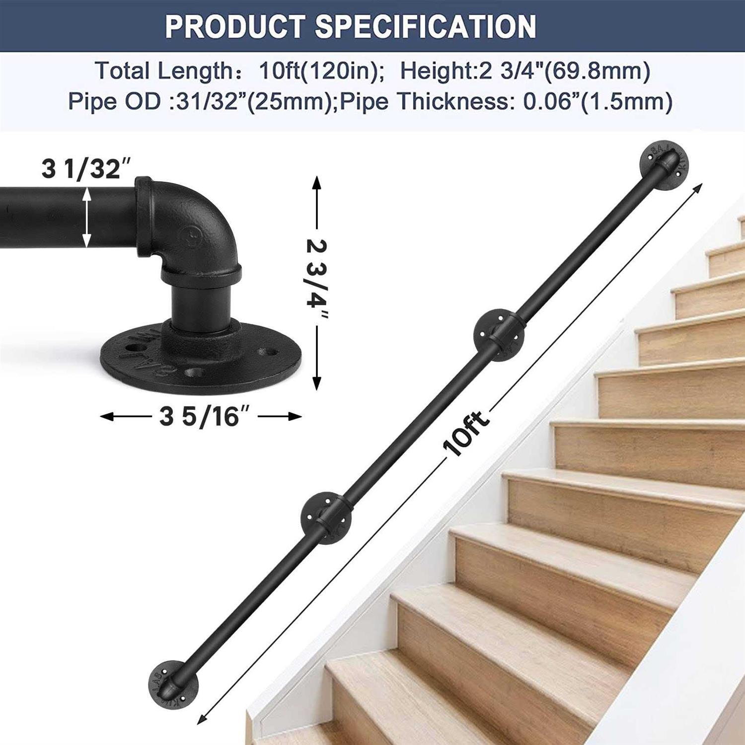 Seeutek Staircase Handrails Handrails for Indoor Stairs Stair Railing Hand Railings for Stairs Metal Railing - Zenithce