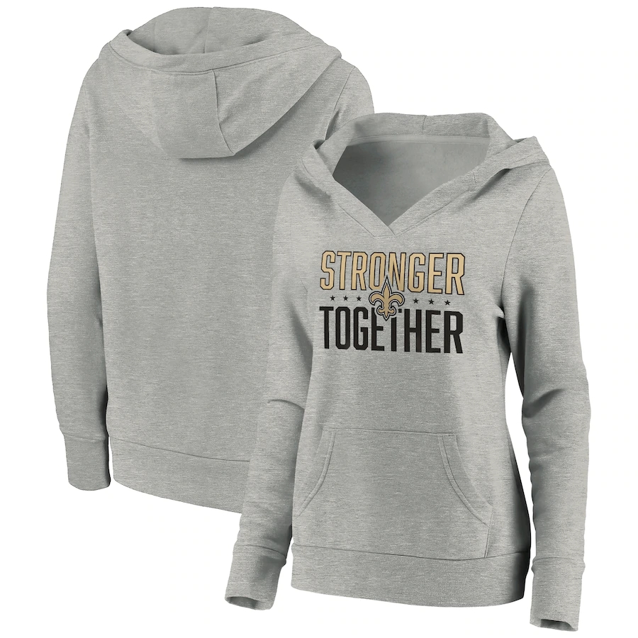 Women's New Orleans Saints Heather Gray Stronger Together Crossover Neck Pullover Hoodie(Run Small) - Zenithce