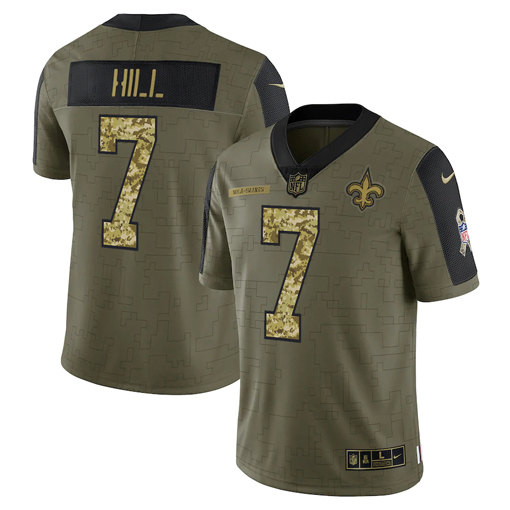 New Orleans Saints #7 Taysom Hill 2021 Olive Camo Salute To Service Limited Stitched Jersey - Zenithce