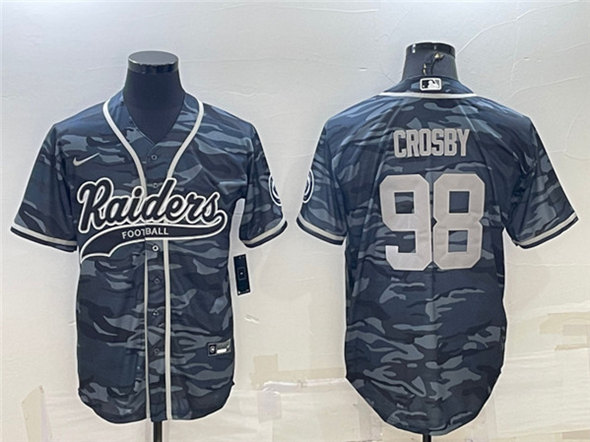 Las Vegas Raiders #98 Maxx Crosby Gray Camo With Patch Cool Base Stitched Baseball Jersey - Zenithce