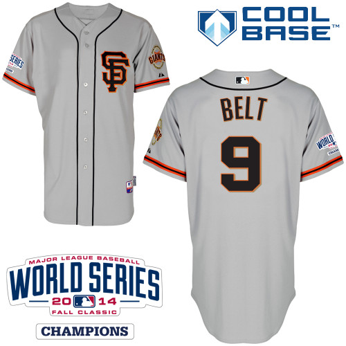 Giants #9 Brandon Belt Grey Road 2 Cool Base W 2014 World Series Patch Stitched Jersey - Zenithce