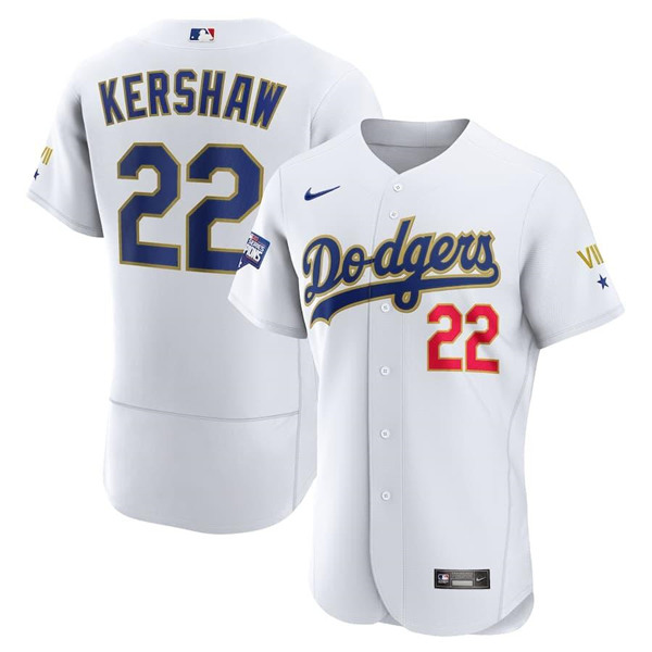 Los Angeles Dodgers #22 Clayton Kershaw White Gold Championship Flex Base Sttiched Jersey - Zenithce