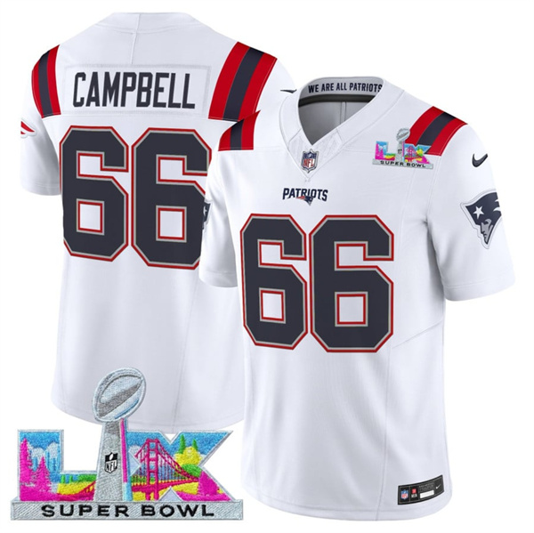New England Patriots #66 Will Campbell White 2025 F.U.S.E. Super Bowl LX Patch Vapor Limited Stitched Jersey - Zenithce