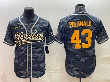 Pittsburgh Steelers #43 Troy Polamalu Gray Navy Camo With Patch Cool Base Stitched Baseball Jersey - Zenithce