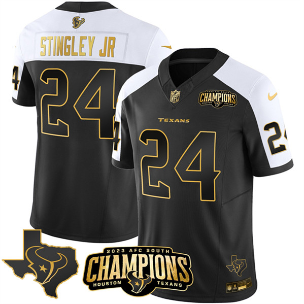Houston Texans #24 Derek Stingley Jr. Black White Golden 2023 F.U.S.E. With AFC South Champions Patch And Team Logo Patch Limited Stitched Jersey - Zenithce
