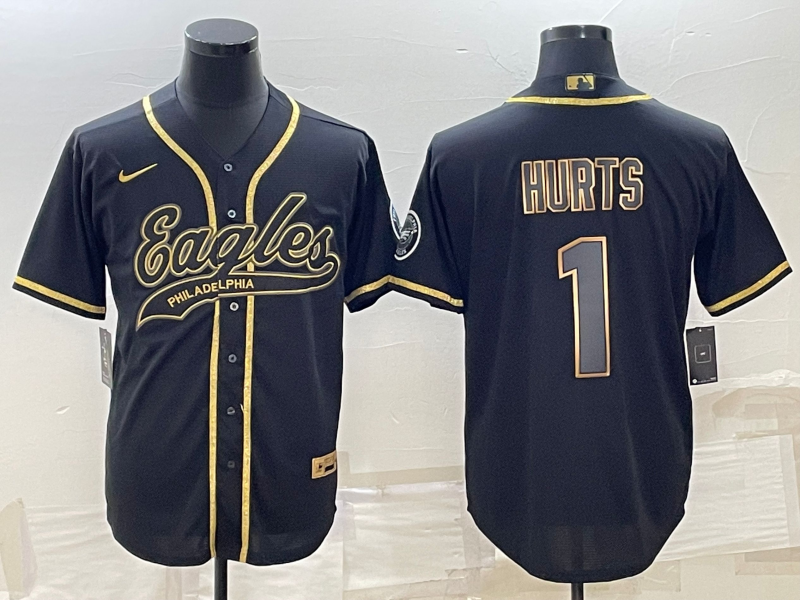 Philadelphia Eagles #1 Jalen Hurts Black Gold With Patch Cool Base Stitched Baseball Jersey - Zenithce