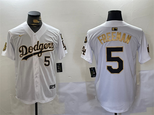 Los Angeles Dodgers #5 Freddie Freeman White Gold 2024 World Series With Fernando Memorial Home Limited Stitched Jersey - Zenithce
