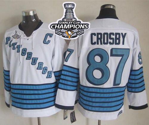 Penguins #87 Sidney Crosby White Light Blue CCM Throwback 2016 Stanley Cup Champions Stitched Jersey - Zenithce