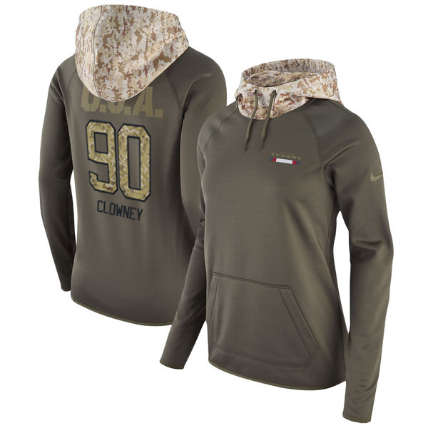 Women's Houston Texans #90 Jadeveon Clowney Olive Salute To Service Sideline Therma Pullover Hoodie - Zenithce