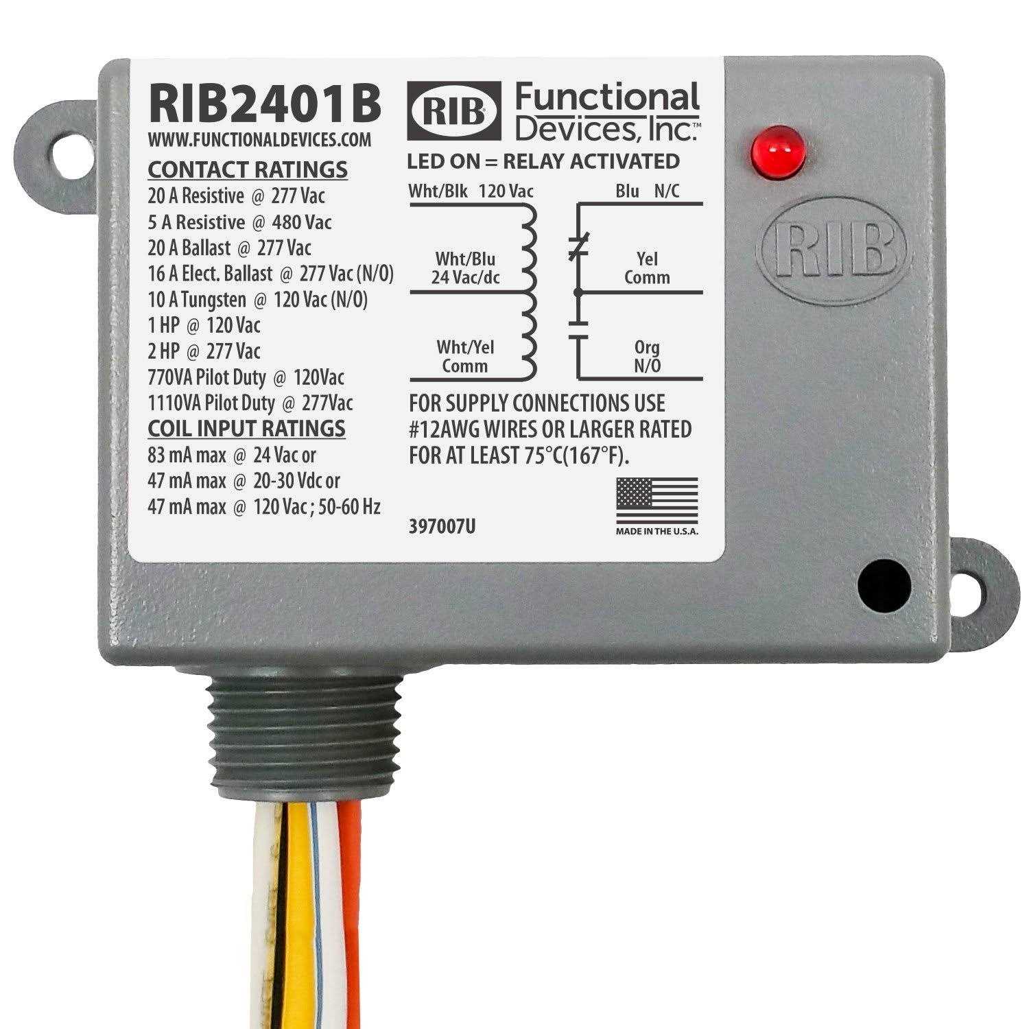 Functional Devices RIB01BDC Dry Contact Relay 20 Amp Spdt Class 2 Dry Contact Input - Zenithce