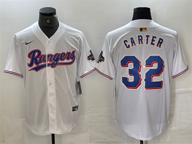Texas Rangers #32 Evan Carter White Gold Cool Base Stitched Jersey - Zenithce