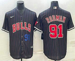 Chicago Bulls #91 Dennis Rodman Number Black With Patch Cool Base Stitched Baseball Jersey - Zenithce