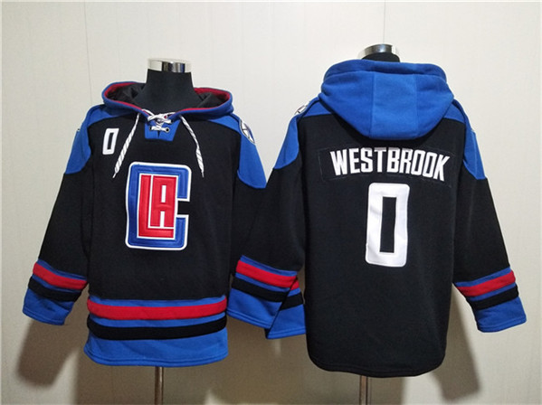 Los Angeles Clippers #0 Russell Westbrook Black Blue Lace-Up Pullover Hoodie - Zenithce
