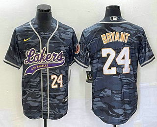 Los Angeles Lakers #24 Kobe Bryant Black Camo With Patch Cool Base Stitched Baseball Jersey - Zenithce