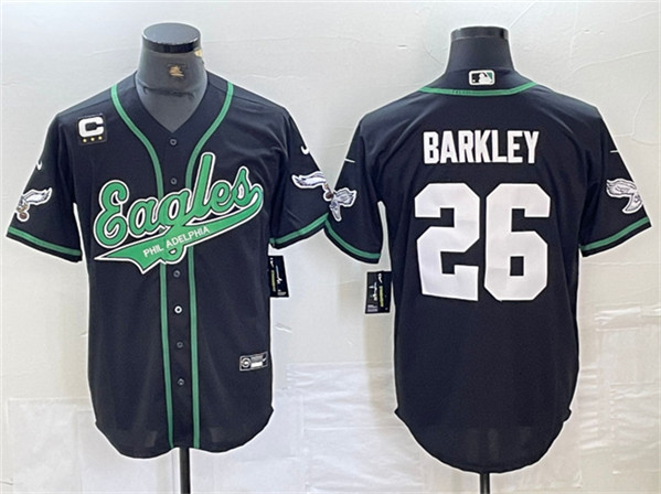 Philadelphia Eagles #26 Saquon Barkley Black With 3-Star C Patch Cool Base Stitched Jersey - Zenithce