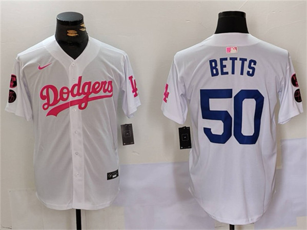 Los Angeles Dodgers #50 Mookie Betts White Pink Vin Kobe Patch Stitched Jersey - Zenithce