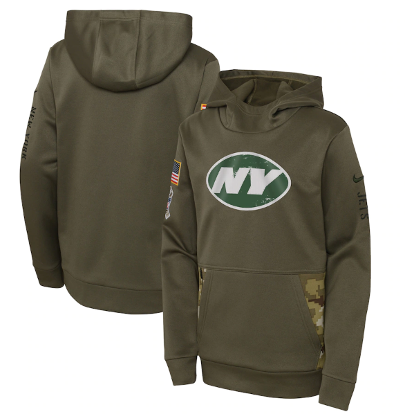 Youth New York Jets 2022 Olive Salute To Service Therma Performance Pullover Hoodie - Zenithce