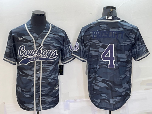 Dallas Cowboys #4 Dak Prescott Gray Navy Camo With Patch Cool Base Stitched Baseball Jersey - Zenithce