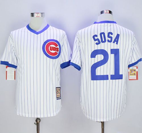 Cubs #21 Sammy Sosa White Strip Home Cooperstown Stitched Jersey - Zenithce