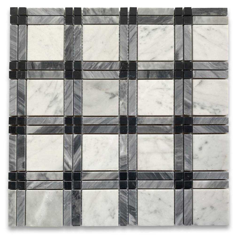Marble Online Carrara White Black Gray Marble Plaid Tartan Tile - Zenithce