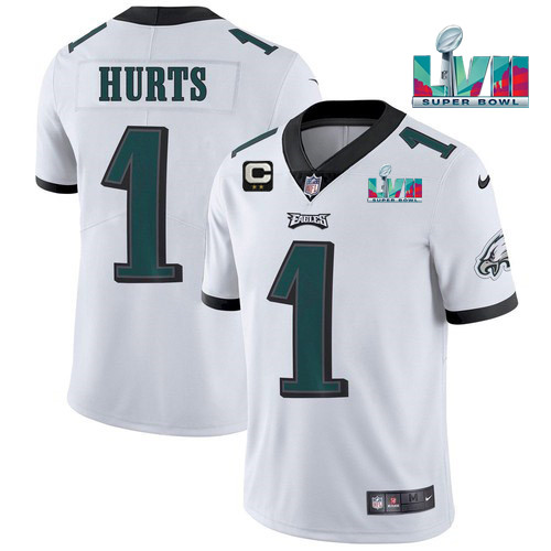 Philadelphia Eagles #1 Jalen Hurts White Super Bowl LVII Patch And 2-Star C Patch Vapor Untouchable Limited Stitched Jersey - Zenithce